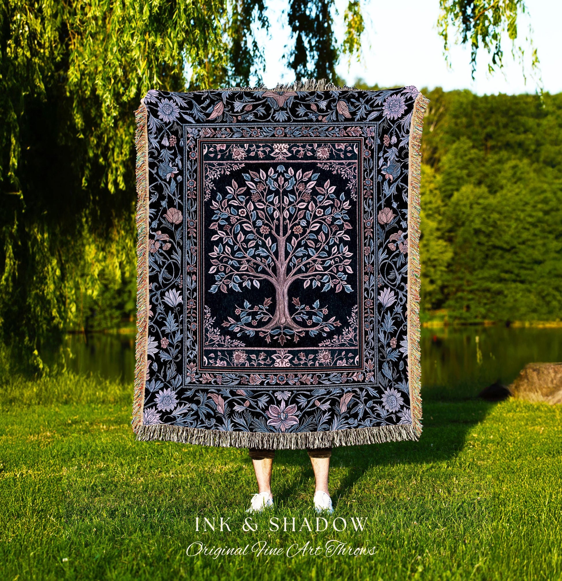 Whimsical Lavender Tree of Life Throw Blanket Woven Cotton Wall Tapestry