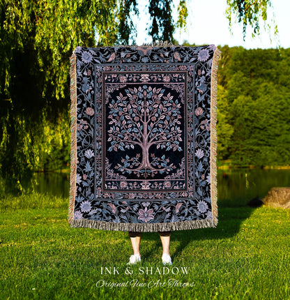 Whimsical Lavender Tree of Life Throw Blanket Woven Cotton Wall Tapestry