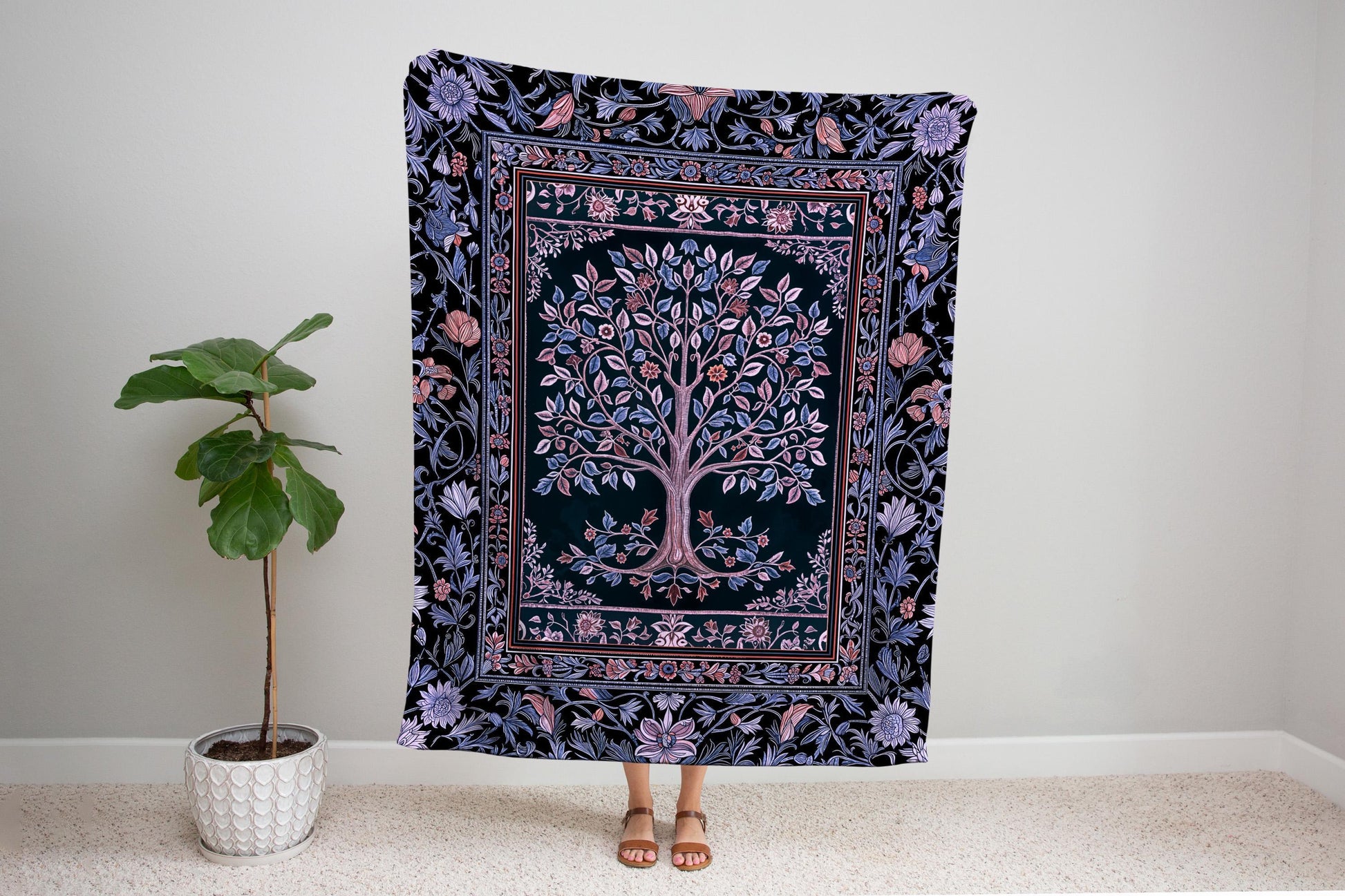 Whimsical Lavender Tree of Life Throw Blanket Woven Cotton Wall Tapestry