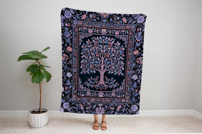 Whimsical Lavender Tree of Life Throw Blanket Woven Cotton Wall Tapestry