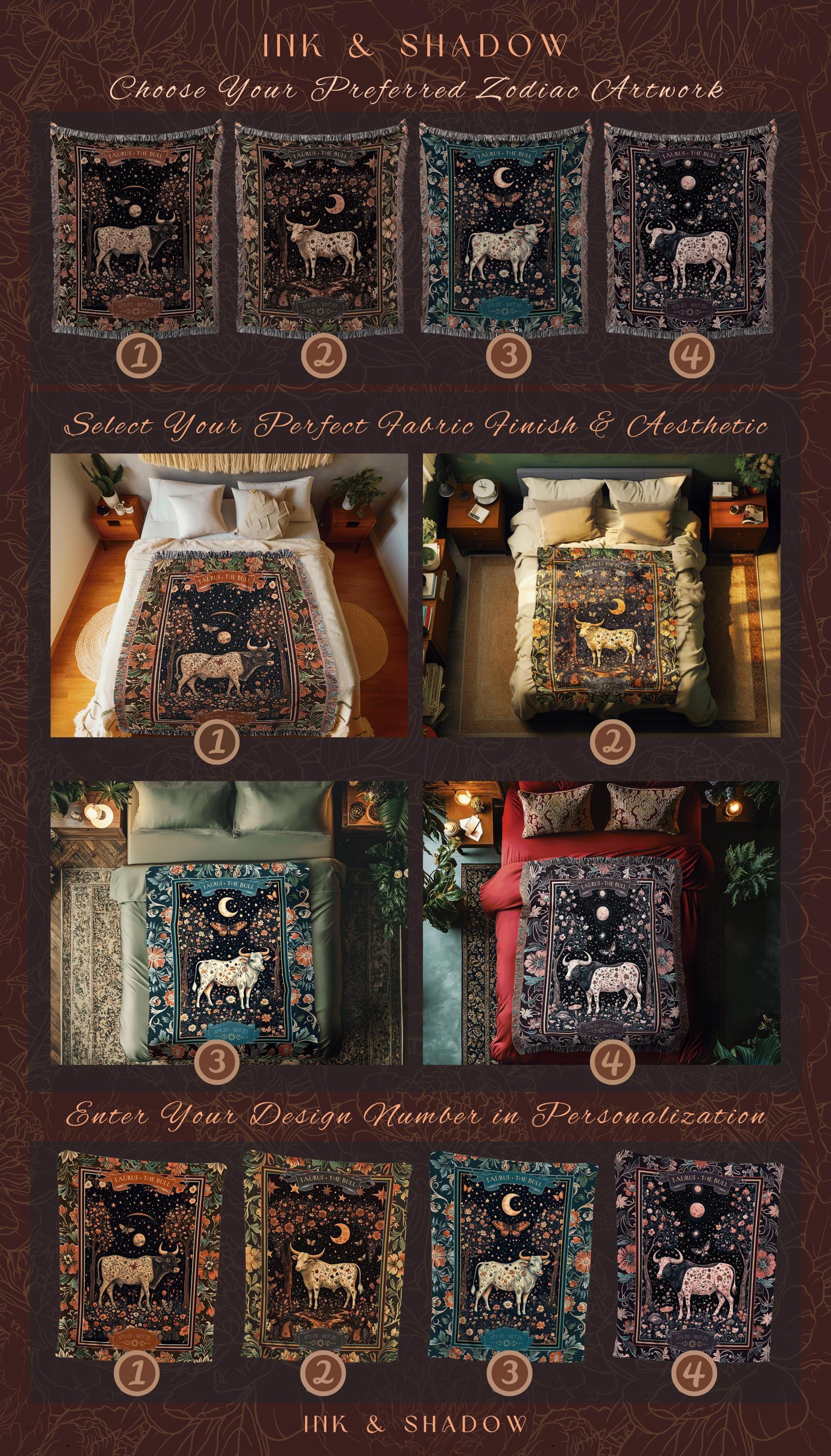 Folklore Vintage Taurus Zodiac Tapestry Blanket Rustic Astrology Gift | The Bull Earth Sign Throw Celestial Botanical Decor for May Birthday