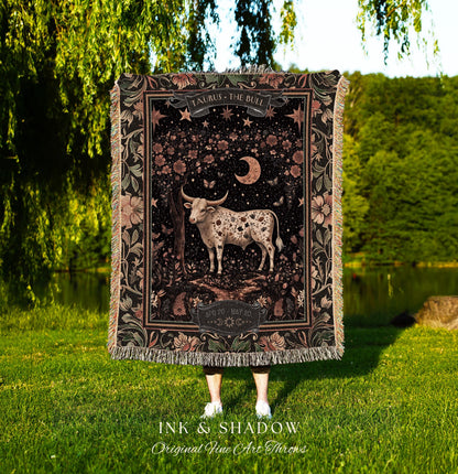 Folklore Vintage Taurus Zodiac Tapestry Blanket Rustic Astrology Gift | The Bull Earth Sign Throw Celestial Botanical Decor for May Birthday