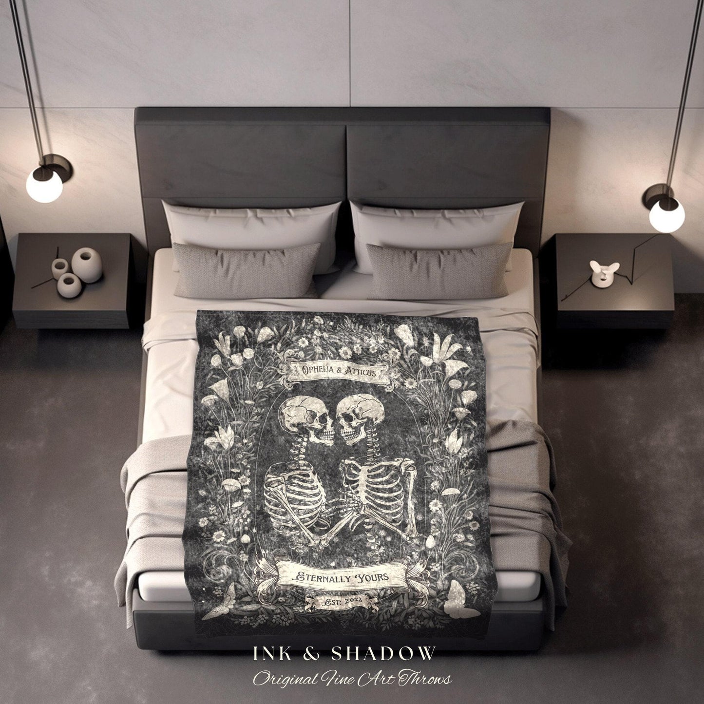 Cottagecore Skeleton Couples Throw | Personalized Tapestry Gothic Wedding Custom Blanket Woven Tapestry Skeleton Couple Gift Wedding Custom
