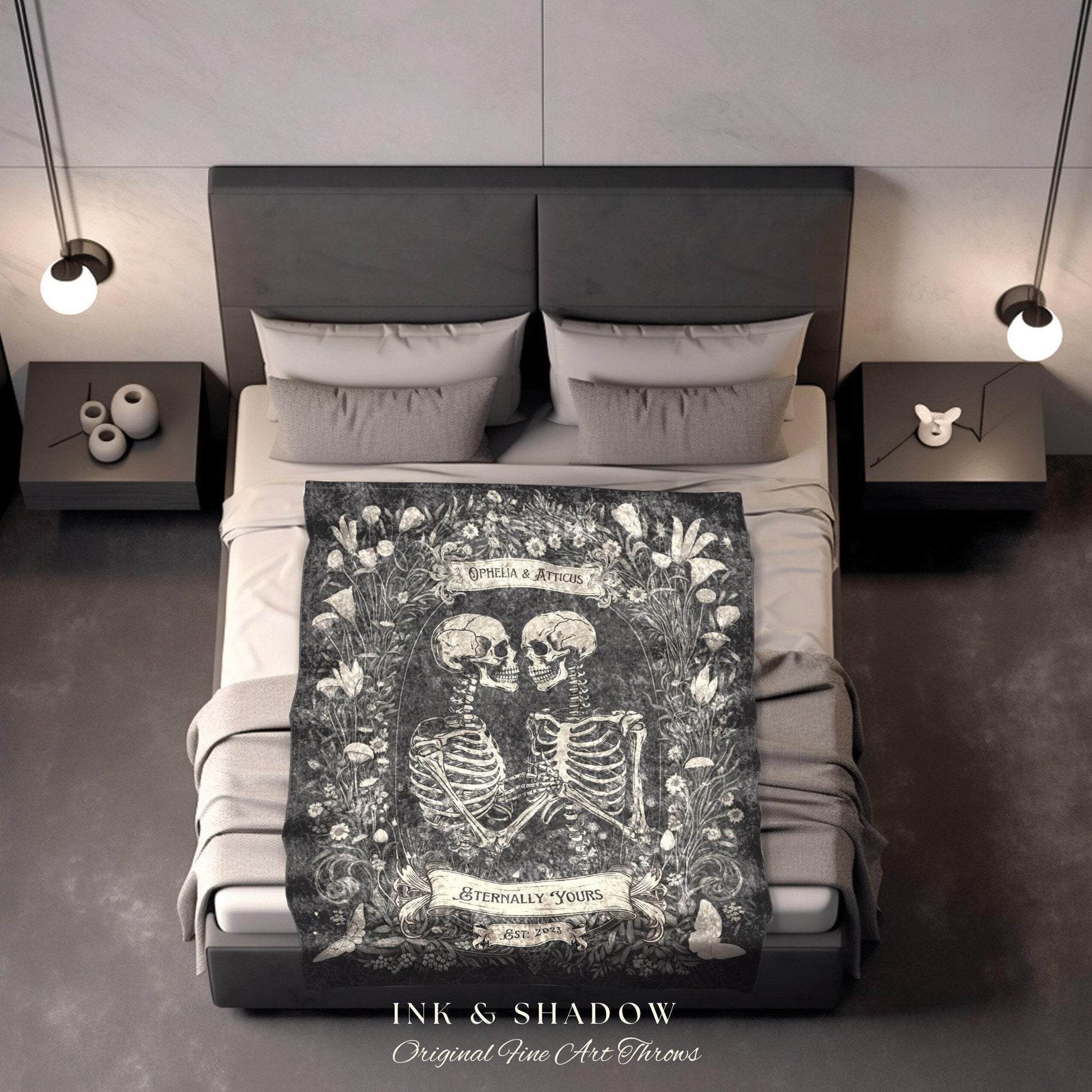 Cottagecore Skeleton Couples Throw | Personalized Tapestry Gothic Wedding Custom Blanket Woven Tapestry Skeleton Couple Gift Wedding Custom