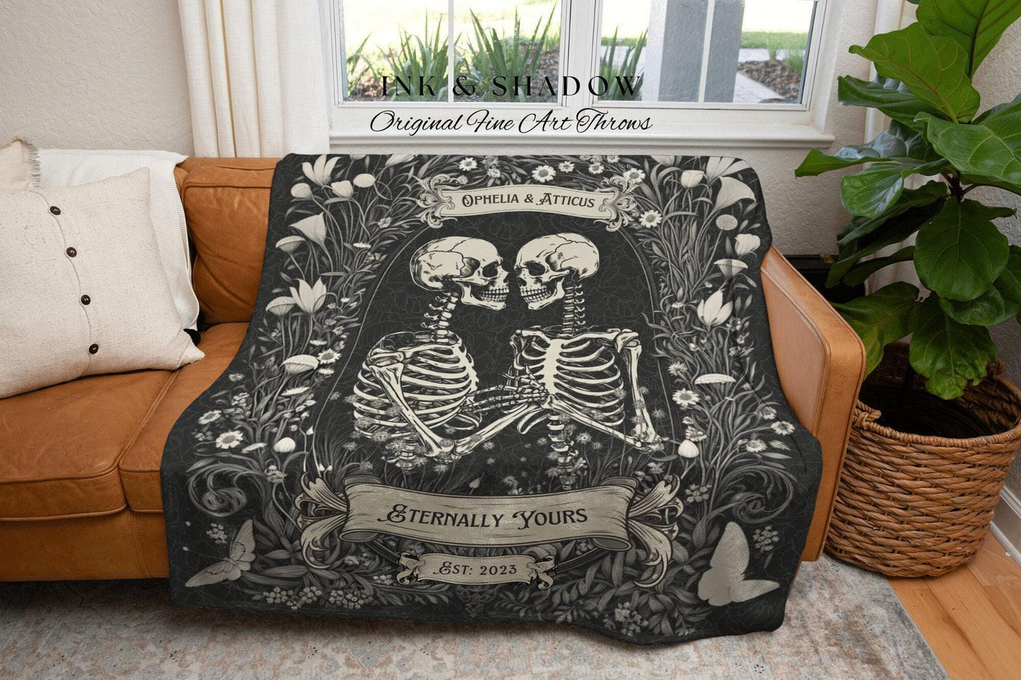 Cottagecore Skeleton Couples Throw | Personalized Tapestry Gothic Wedding Custom Blanket Woven Tapestry Skeleton Couple Gift Wedding Custom