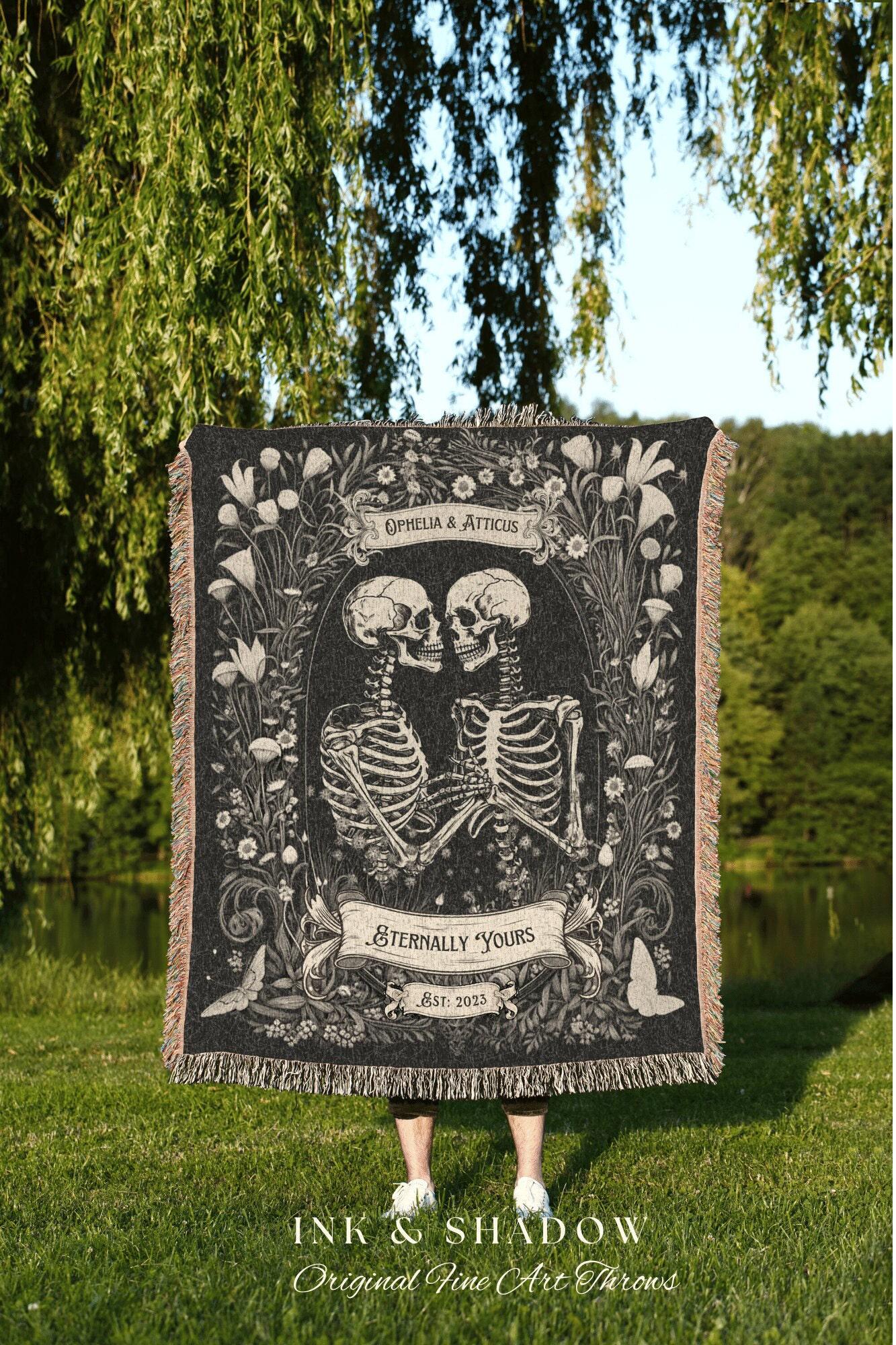 Cottagecore Skeleton Couples Throw | Personalized Tapestry Gothic Wedding Custom Blanket Woven Tapestry Skeleton Couple Gift Wedding Custom