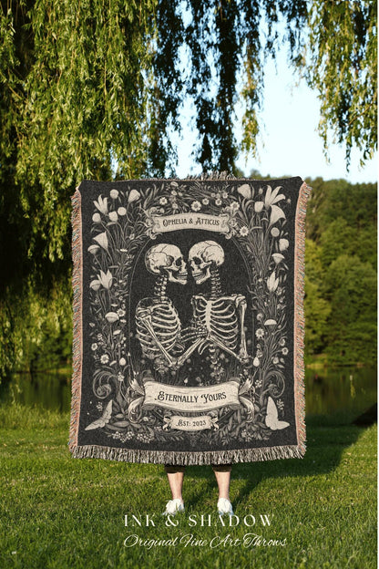 Cottagecore Skeleton Couples Throw | Personalized Tapestry Gothic Wedding Custom Blanket Woven Tapestry Skeleton Couple Gift Wedding Custom