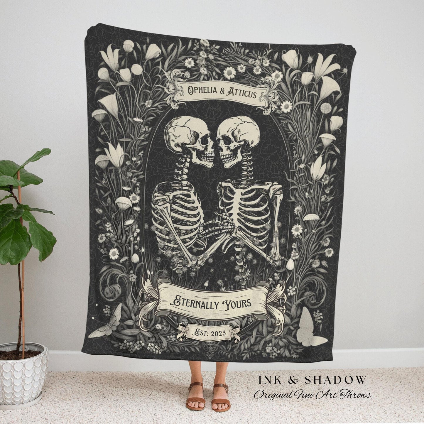 Cottagecore Skeleton Couples Throw | Personalized Tapestry Gothic Wedding Custom Blanket Woven Tapestry Skeleton Couple Gift Wedding Custom