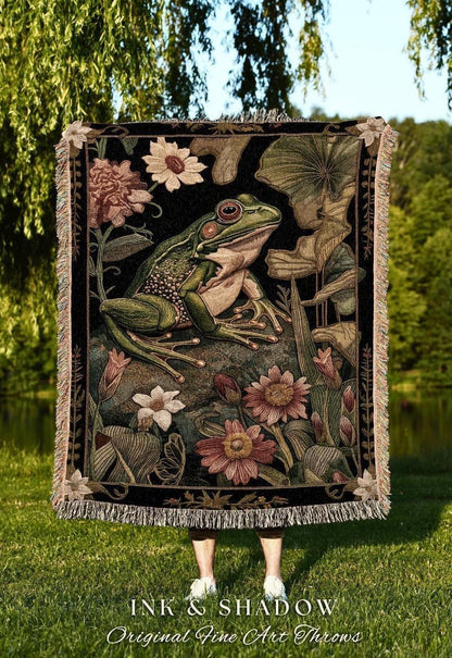 Fairycore Woven Frog Blanket | Ethereal Room Decor Morris Inspired Forest Aesthetic Fairy Grunge Goblincore Bedroom Tapestry Woodland Toad