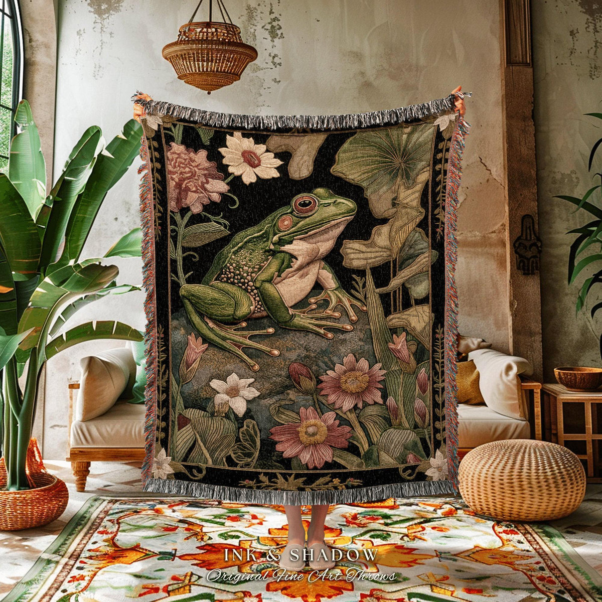 Fairycore Woven Frog Blanket | Ethereal Room Decor Morris Inspired Forest Aesthetic Fairy Grunge Goblincore Bedroom Tapestry Woodland Toad