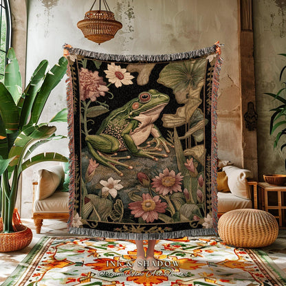 Fairycore Woven Frog Blanket | Ethereal Room Decor Morris Inspired Forest Aesthetic Fairy Grunge Goblincore Bedroom Tapestry Woodland Toad