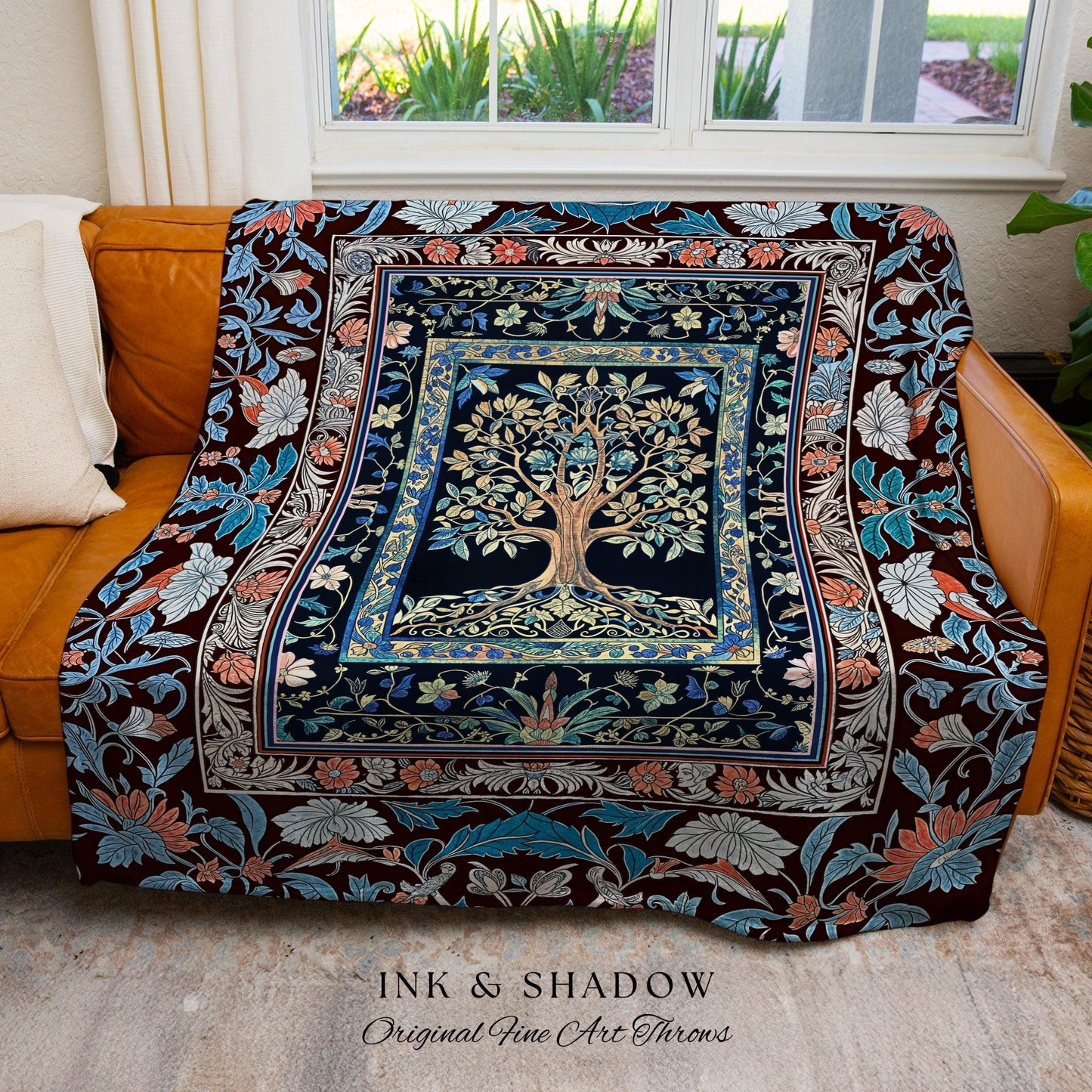 Indie Eclectic Medieval Tree of Life Throw Blanket Woven Cotton Wall Tapestry