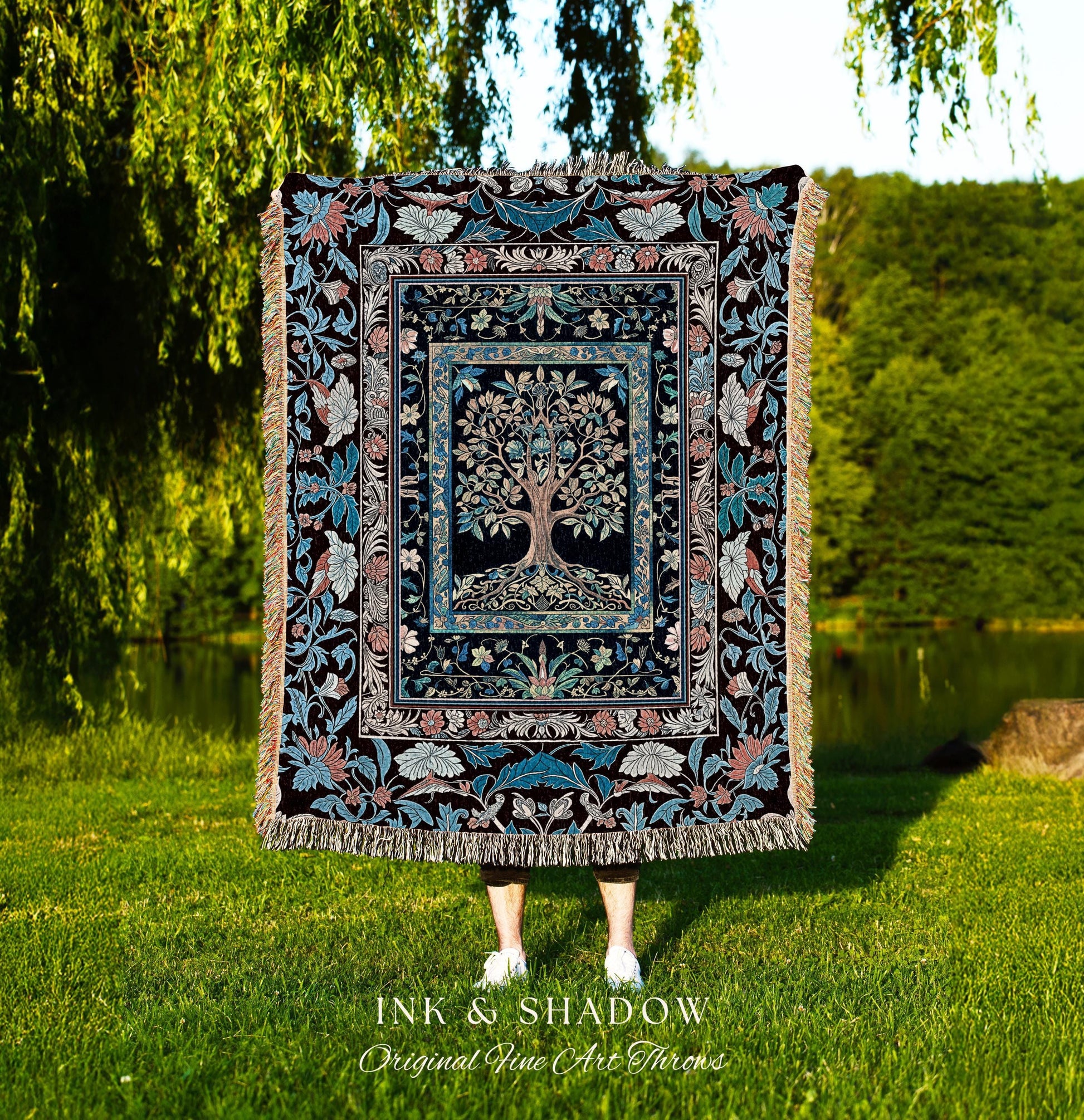 Indie Eclectic Medieval Tree of Life Throw Blanket Woven Cotton Wall Tapestry