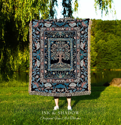 Indie Eclectic Medieval Tree of Life Throw Blanket Woven Cotton Wall Tapestry