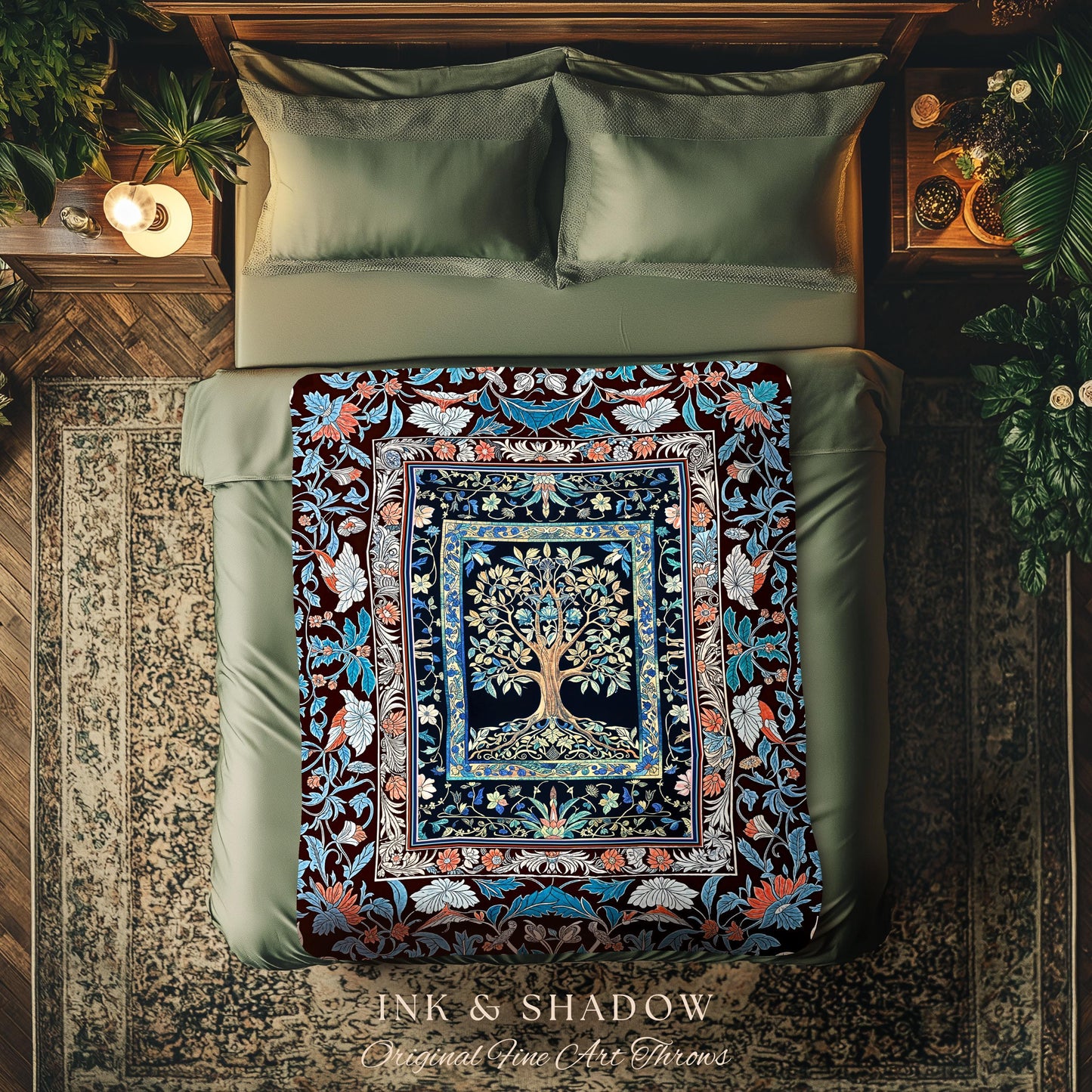 Indie Eclectic Medieval Tree of Life Throw Blanket Woven Cotton Wall Tapestry