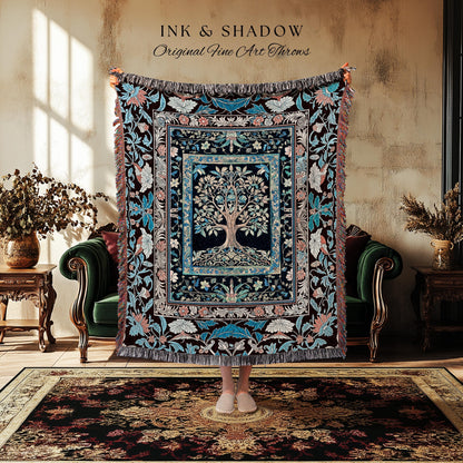 Indie Eclectic Medieval Tree of Life Throw Blanket Woven Cotton Wall Tapestry
