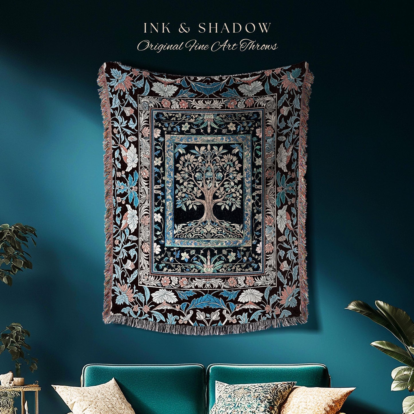 Indie Eclectic Medieval Tree of Life Throw Blanket Woven Cotton Wall Tapestry
