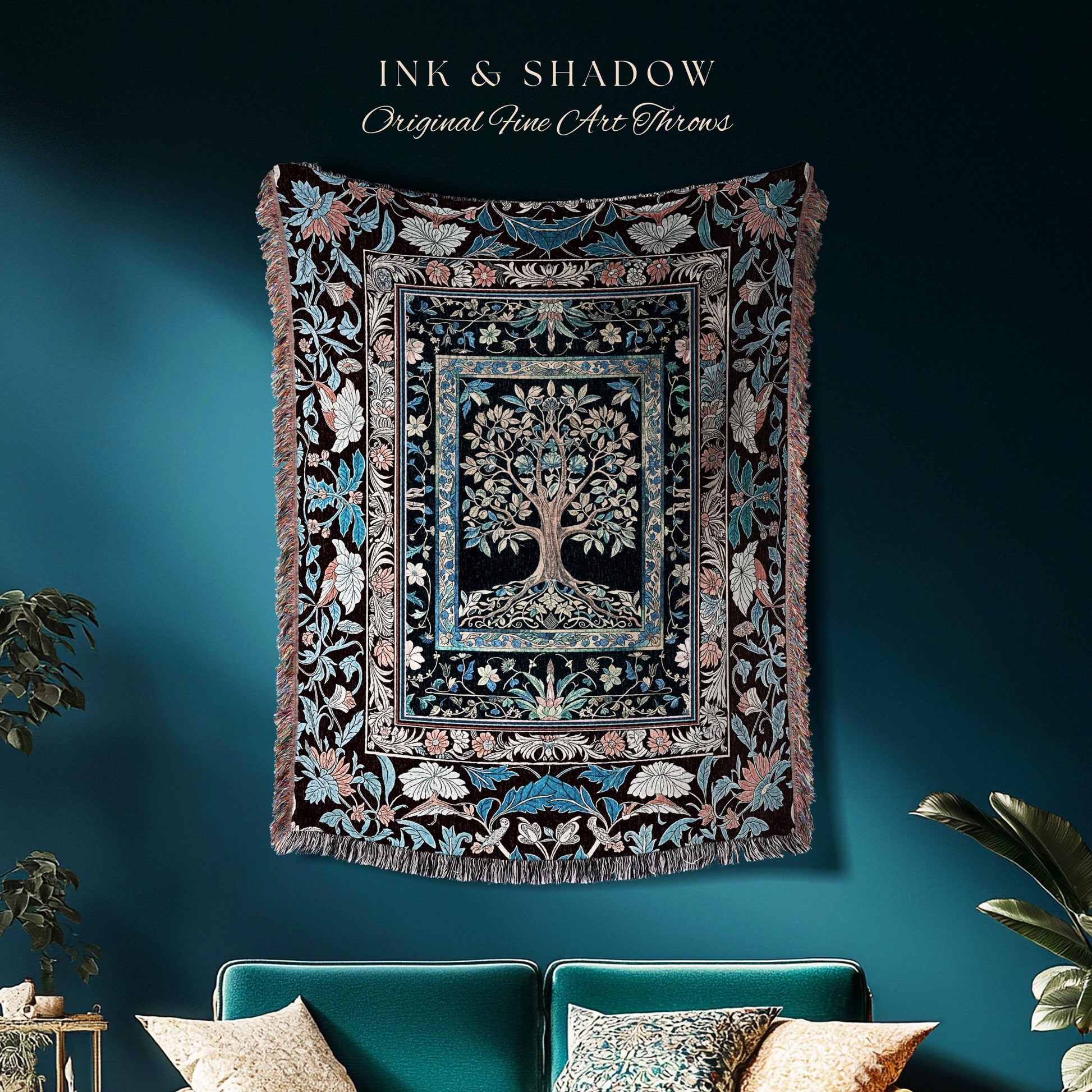 Indie Eclectic Medieval Tree of Life Throw Blanket Woven Cotton Wall Tapestry