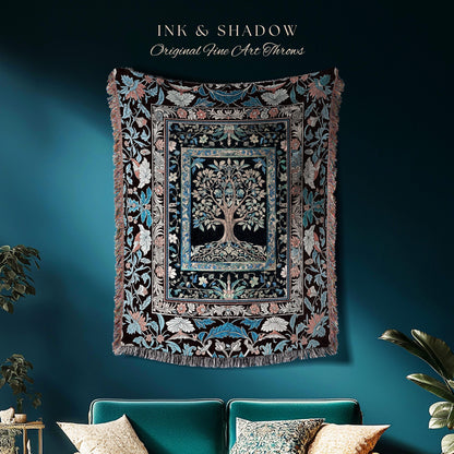 Indie Eclectic Medieval Tree of Life Throw Blanket Woven Cotton Wall Tapestry