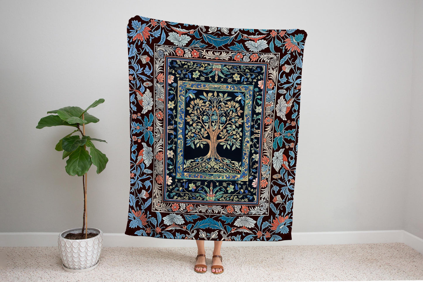 Indie Eclectic Medieval Tree of Life Throw Blanket Woven Cotton Wall Tapestry