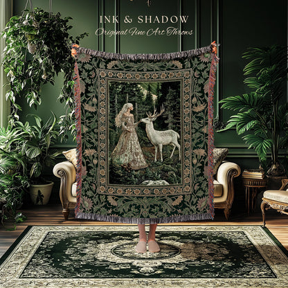 Botanical Folklore Ethereal Woven Throw | Forest Elegance Mother Earth Tapestry Fantasy Blanket Dark Green Wall Art Dark Fairycore Romantic