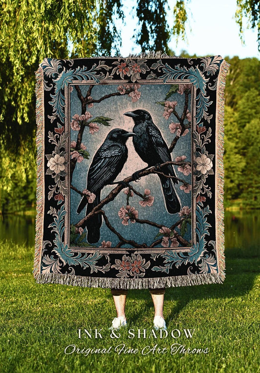 Dark Cottagecore Bird Decor Whimsical Woodland Gothic Raven Tapestry Throw, Academia Whimsigoth Art Crowcore Dusty Blue Enchanted Forestcore