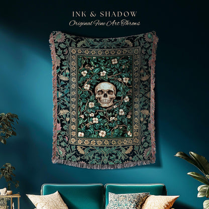 Wildflower Wilds Skull Woven Blanket | Botanical Macabre Wall Tapestry Gothic Aesthetic Wiccan Throw Witchy Tarot Skeleton Whimsigoth Decor