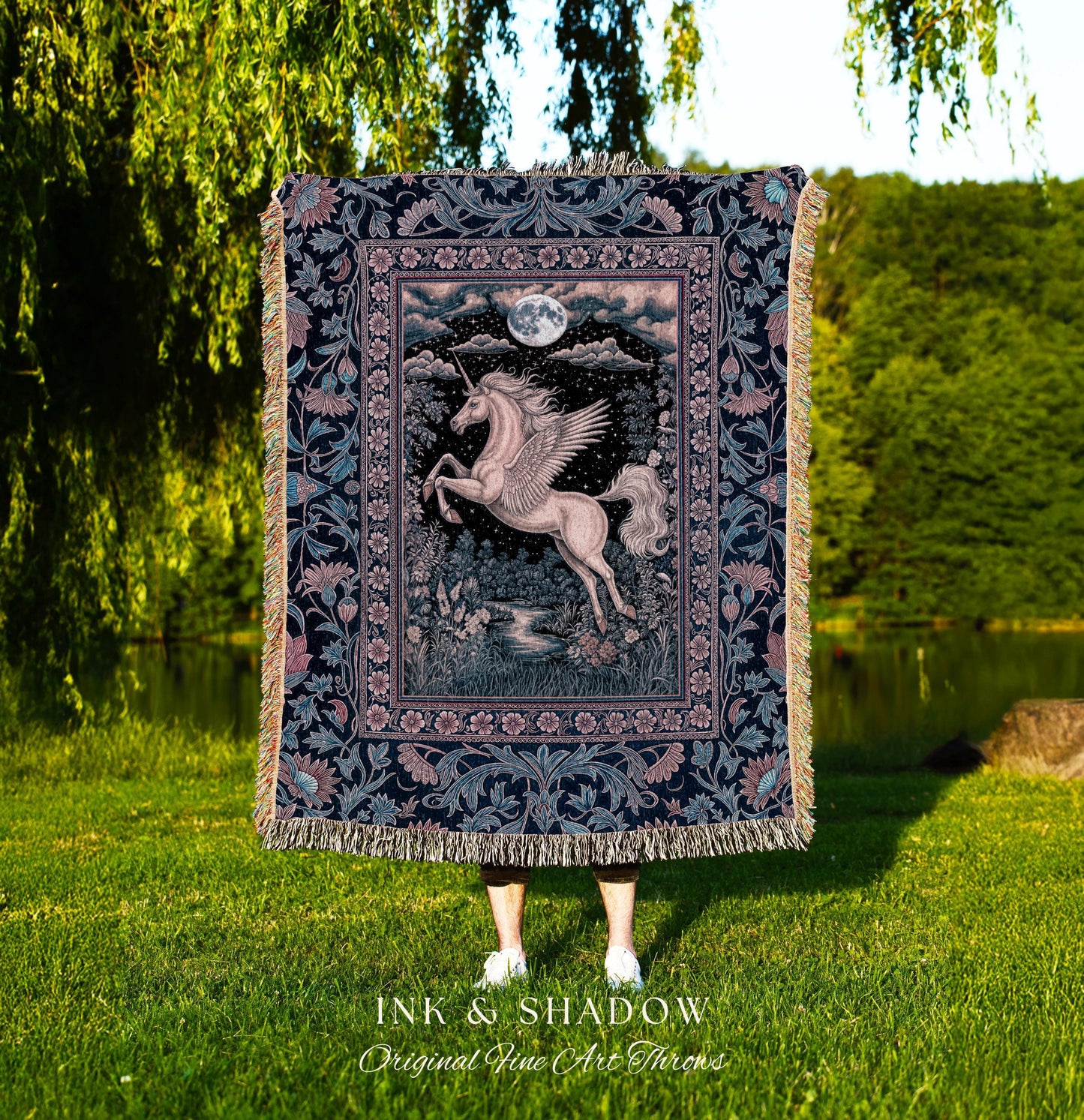Pastel Dreamy Whimsical Unicorn Tapestry | Mystical Full Moon Fantasy Decor Baroque Fairytale Throw Blanket Regal Pegasus Castlecore Woven |