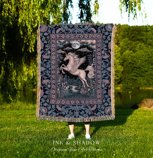 Pastel Dreamy Whimsical Unicorn Tapestry | Mystical Full Moon Fantasy Decor Baroque Fairytale Throw Blanket Regal Pegasus Castlecore Woven |