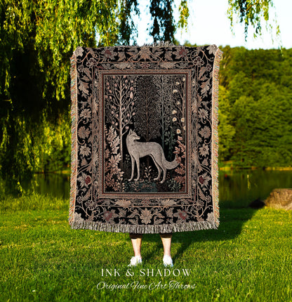 Cozy Hygge Woodland Wolf Throw Blanket | Elegant Cottagecore Forest Bohemian Room Decor Homey Aesthetic Magical Nature Fairytale Inspired