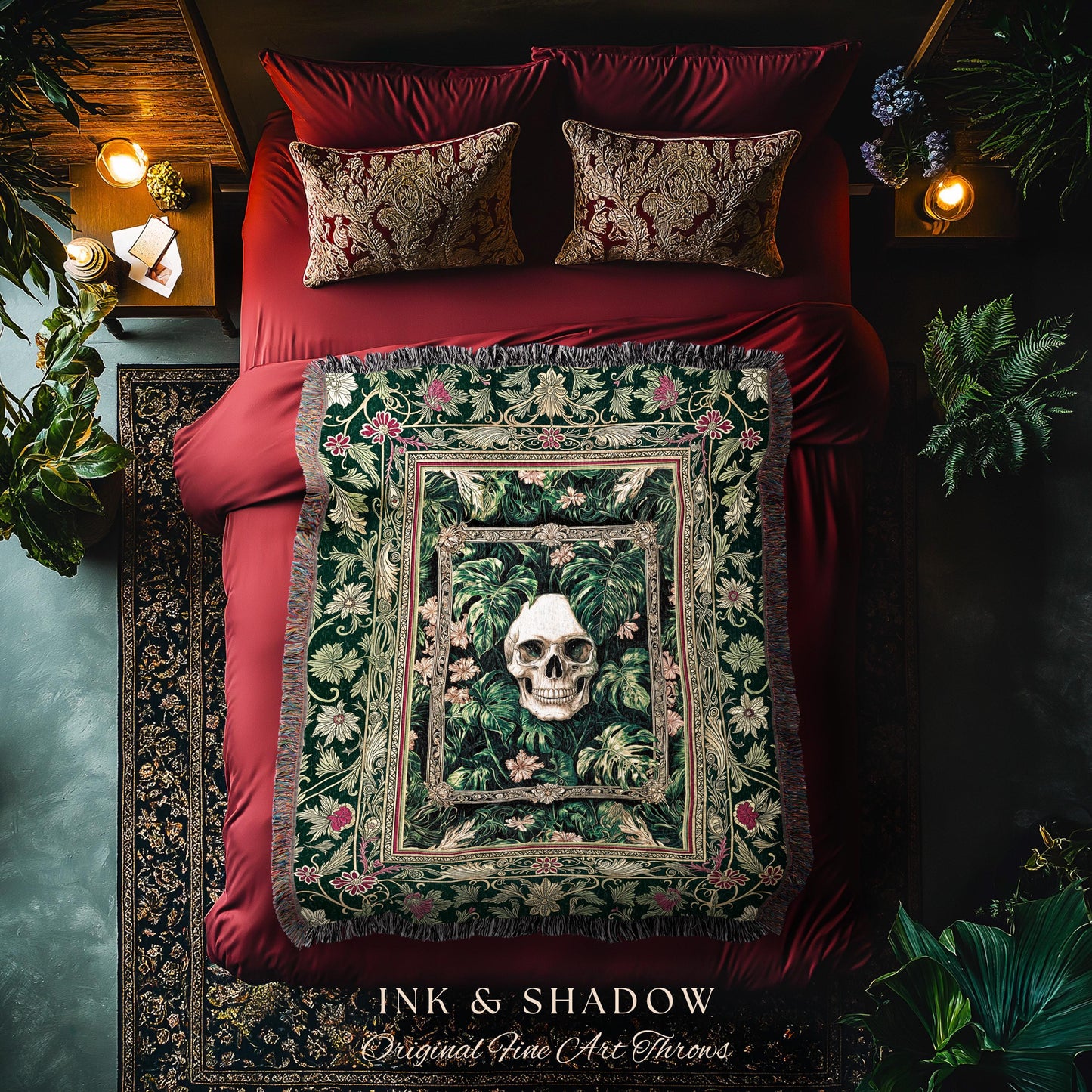 Botanical Gothic Macabre Skull Blanket | Baroque Goth Decor Spooky Fall Aesthetic Dark Academia Woven Wall Tapestry Skeleton Halloween Throw