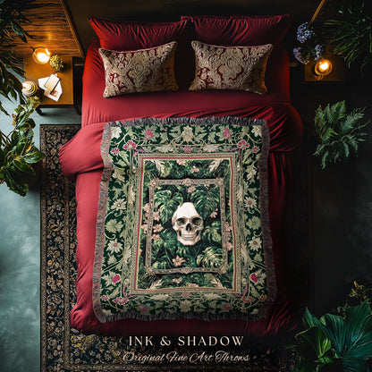Botanical Gothic Macabre Skull Blanket | Baroque Goth Decor Spooky Fall Aesthetic Dark Academia Woven Wall Tapestry Skeleton Halloween Throw