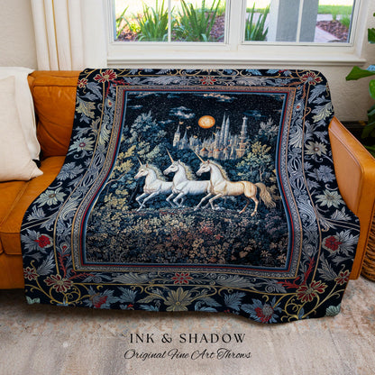 Rococo Dark Romantic Woven Tapestry Castlecore Decor | | Medieval Folklore Fairytale Cottagecore Whimsical Fantasy Unicorn Throw Wall Art