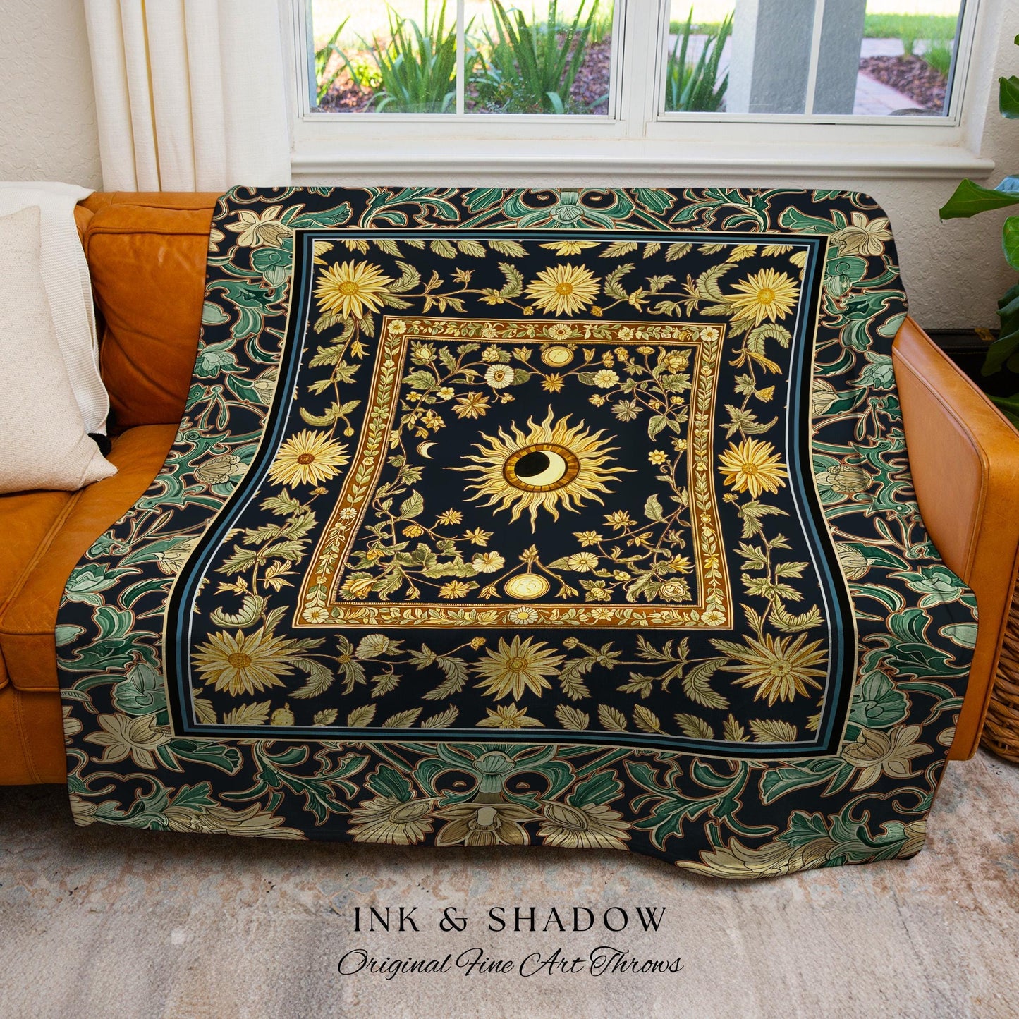 Earthy Spiritual Sun Woven Tapestry | Hippie Gothic Botanical Ethereal Mystic Bedroom Blanket Whimsical Celestial Tarot Aesthetic Astrology