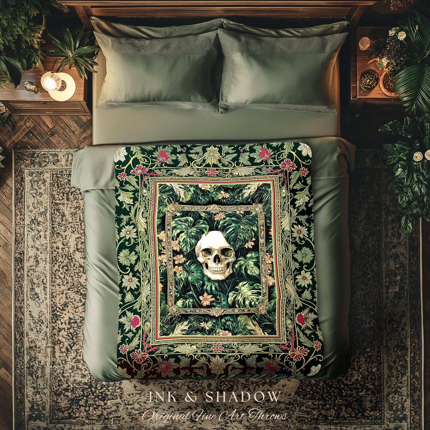 Botanical Gothic Macabre Skull Blanket | Baroque Goth Decor Spooky Fall Aesthetic Dark Academia Woven Wall Tapestry Skeleton Halloween Throw