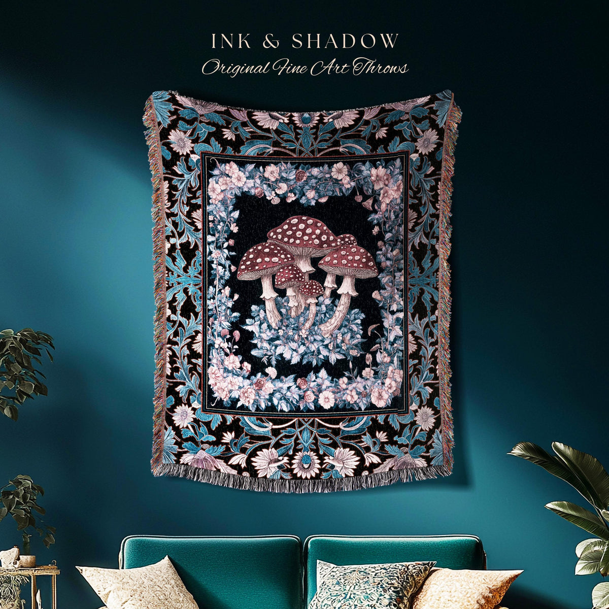 Foraging Fungi Mushroom Throw | Whimsical Eclectic Woven Blanket for Fairy Aesthetic Bedroom Whimsigoth Decor Fairycore Toadstool Witchy |