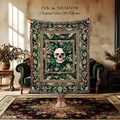 Botanical Gothic Macabre Skull Blanket | Baroque Goth Decor Spooky Fall Aesthetic Dark Academia Woven Wall Tapestry Skeleton Halloween Throw