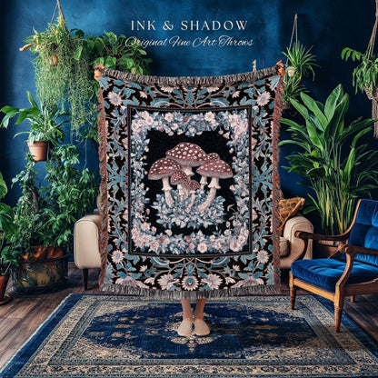 Foraging Fungi Mushroom Throw | Whimsical Eclectic Woven Blanket for Fairy Aesthetic Bedroom Whimsigoth Decor Fairycore Toadstool Witchy |