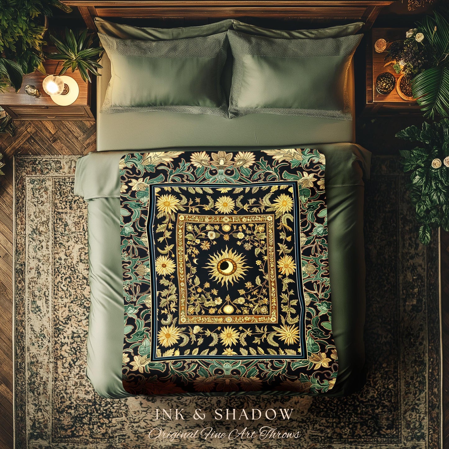 Earthy Spiritual Sun Woven Tapestry | Hippie Gothic Botanical Ethereal Mystic Bedroom Blanket Whimsical Celestial Tarot Aesthetic Astrology