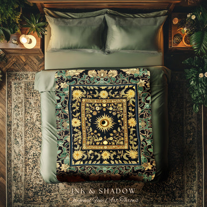 Earthy Spiritual Sun Woven Tapestry | Hippie Gothic Botanical Ethereal Mystic Bedroom Blanket Whimsical Celestial Tarot Aesthetic Astrology