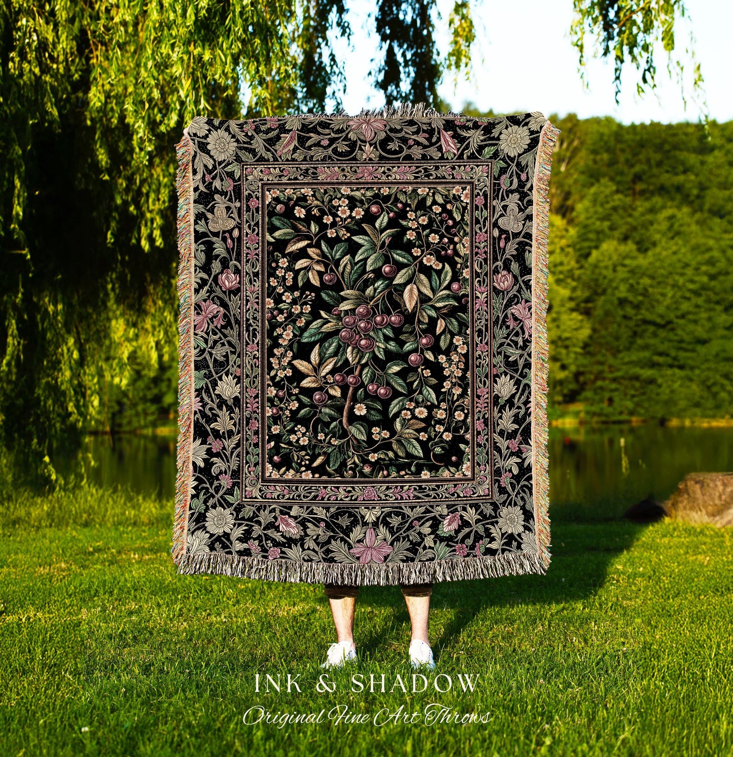 Gothic Elegance Cherry Throw Blanket | Victorian Cottagecore Decor Baroque Floral Style Gothic Garden Woven Tapestry Romantic Dark Ethereal