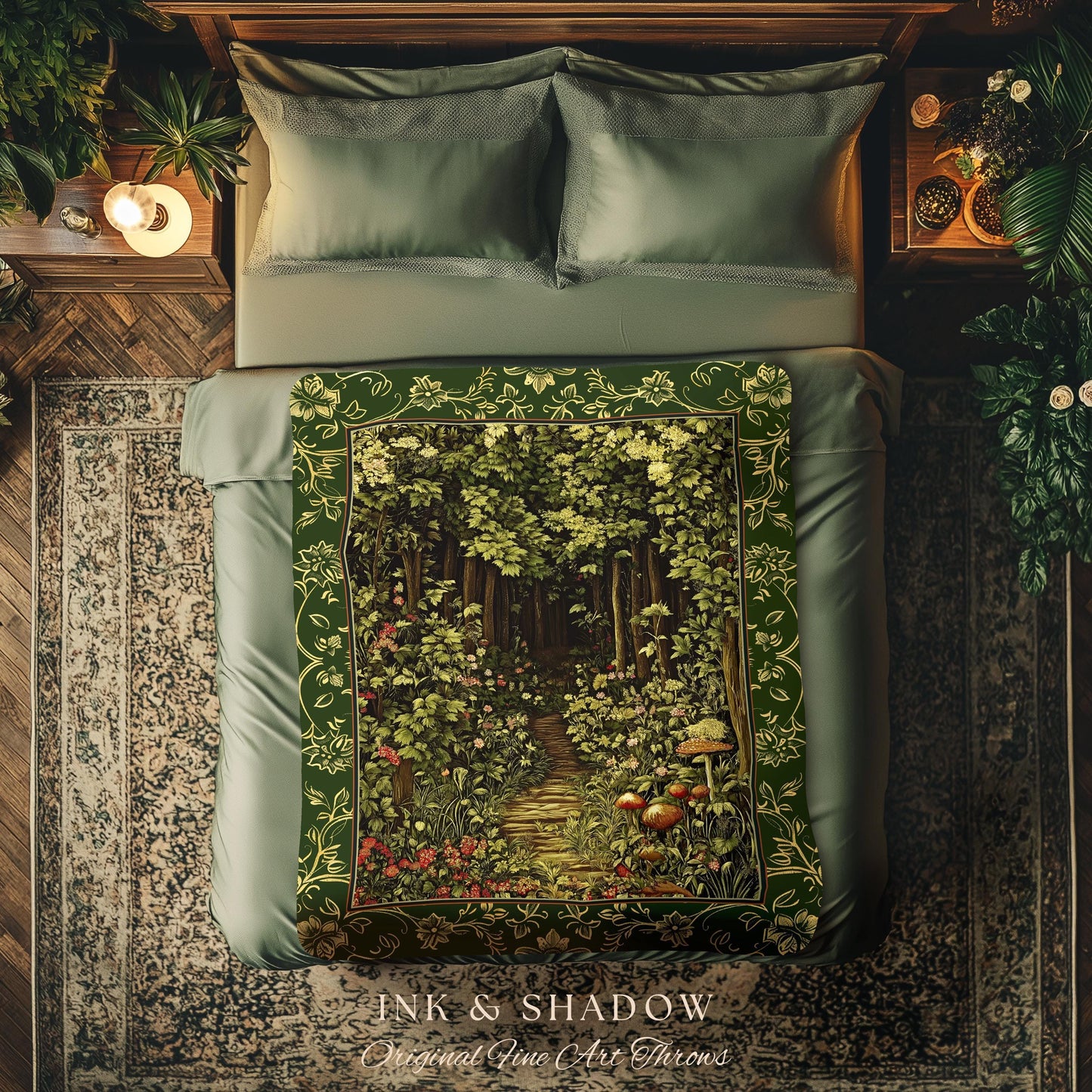 Fairytale Forest Botanical Throw Blanket | Mystic Aesthetic Woodland Home Magical Decor Plant Loving Bedroom Housewarming Gift Emerald Woods