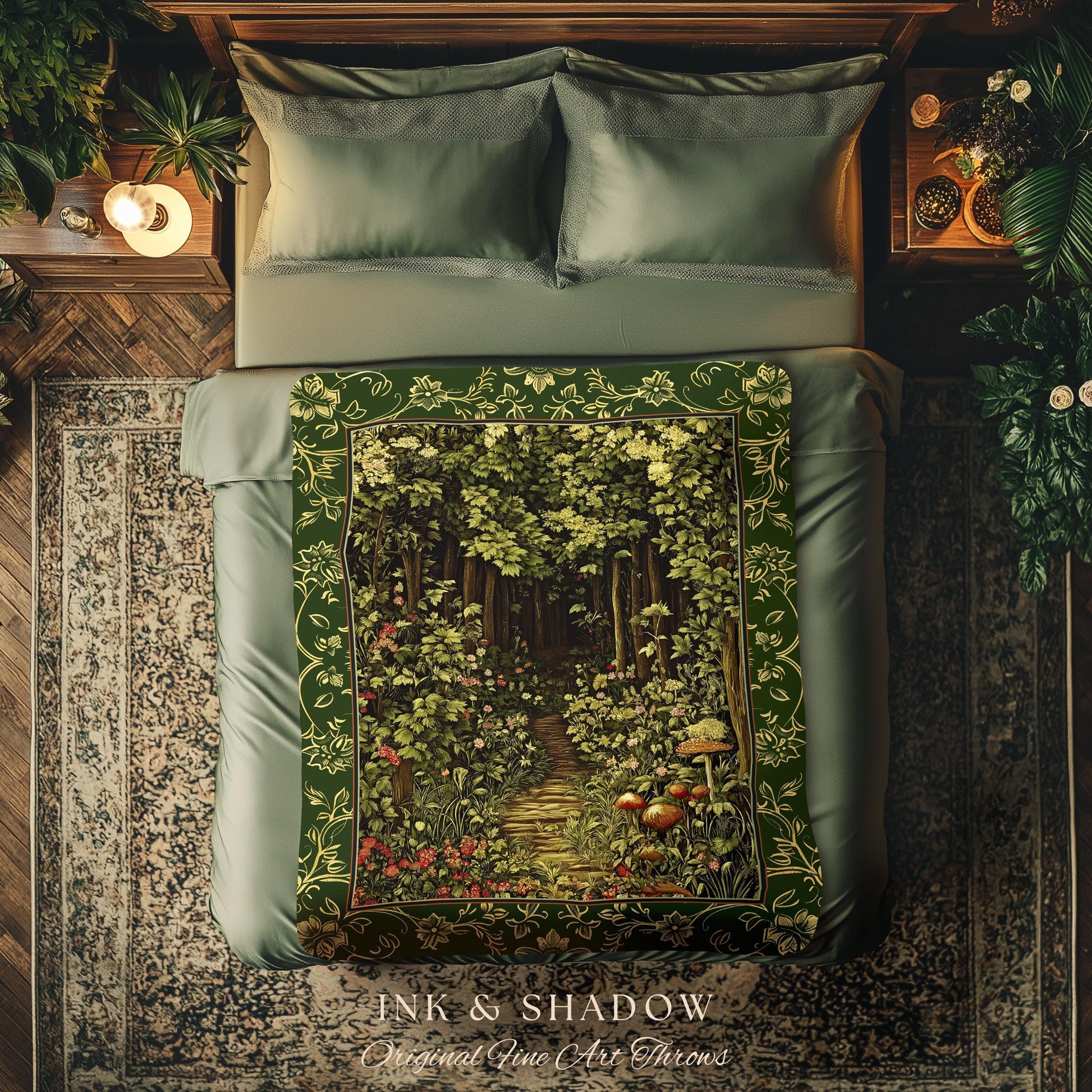 Fairytale Forest Botanical Throw Blanket | Mystic Aesthetic Woodland Home Magical Decor Plant Loving Bedroom Housewarming Gift Emerald Woods