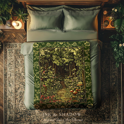 Fairytale Forest Botanical Throw Blanket | Mystic Aesthetic Woodland Home Magical Decor Plant Loving Bedroom Housewarming Gift Emerald Woods