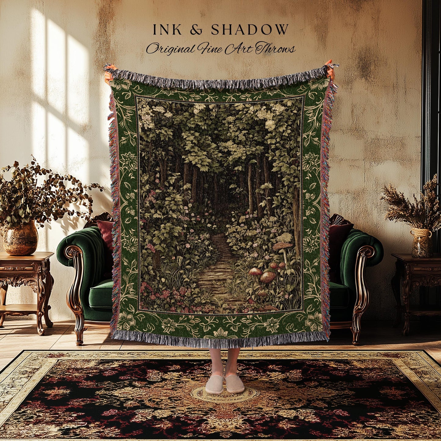 Fairytale Forest Botanical Throw Blanket | Mystic Aesthetic Woodland Home Magical Decor Plant Loving Bedroom Housewarming Gift Emerald Woods