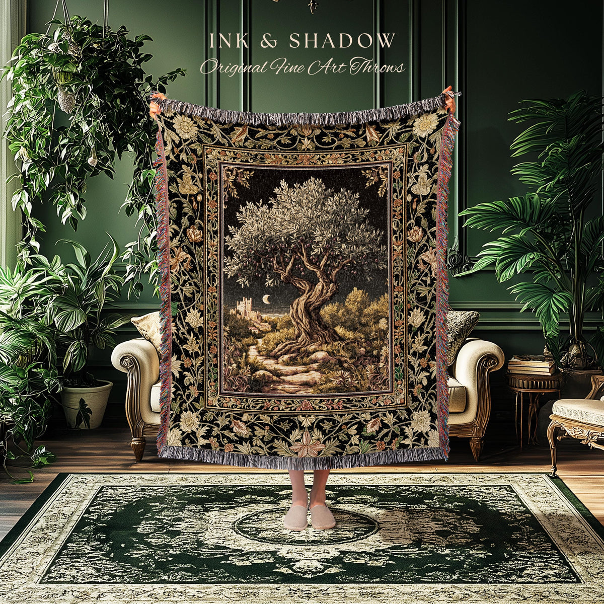 Moonlit Olive Tree Rustic Blanket Woven Throw Blanket Jacquard Tapestry
