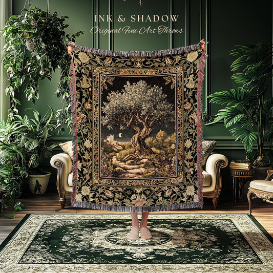 Moonlit Olive Tree Rustic Blanket Woven Throw Blanket Jacquard Tapestry