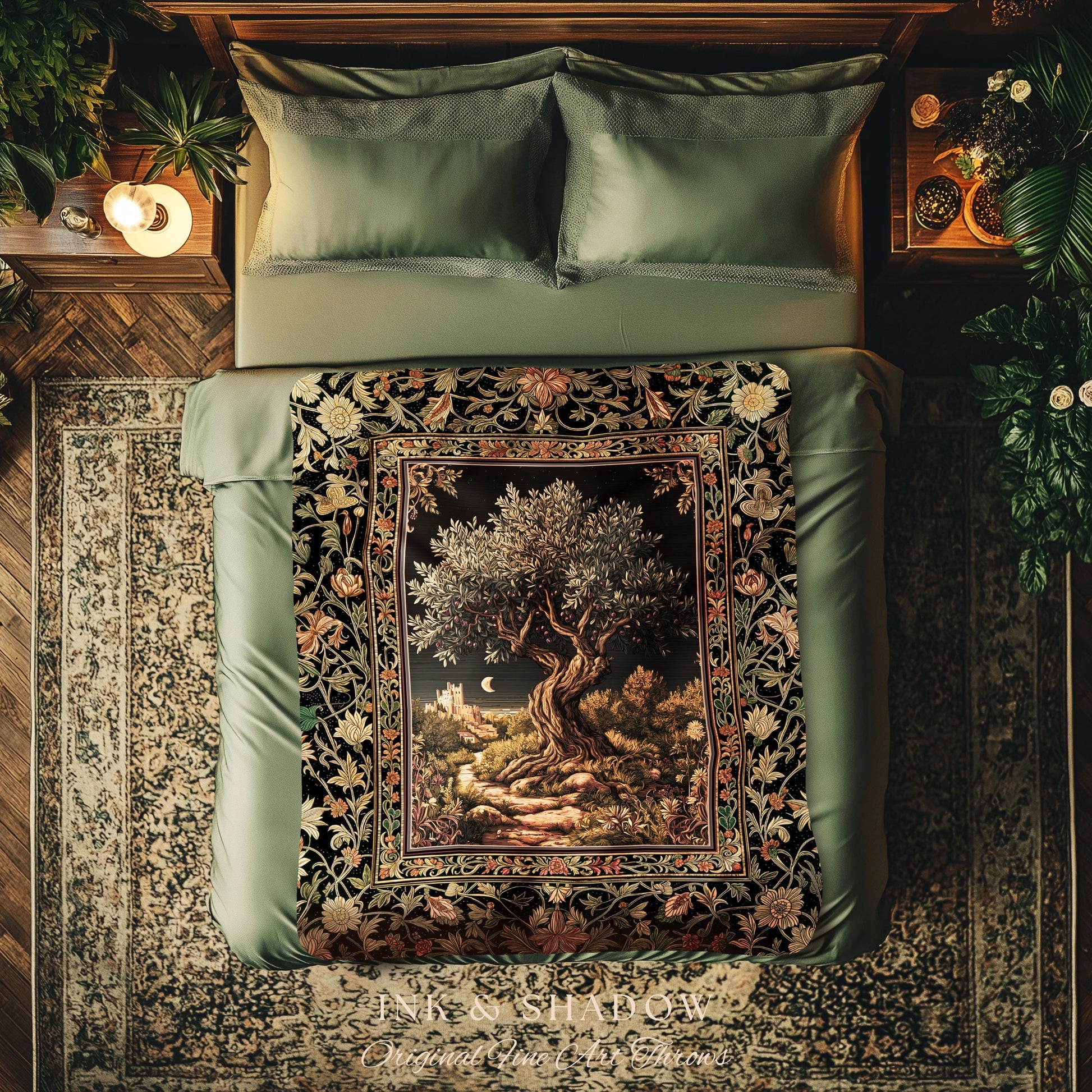 Moonlit Olive Tree Rustic Blanket Woven Throw Blanket Jacquard Tapestry