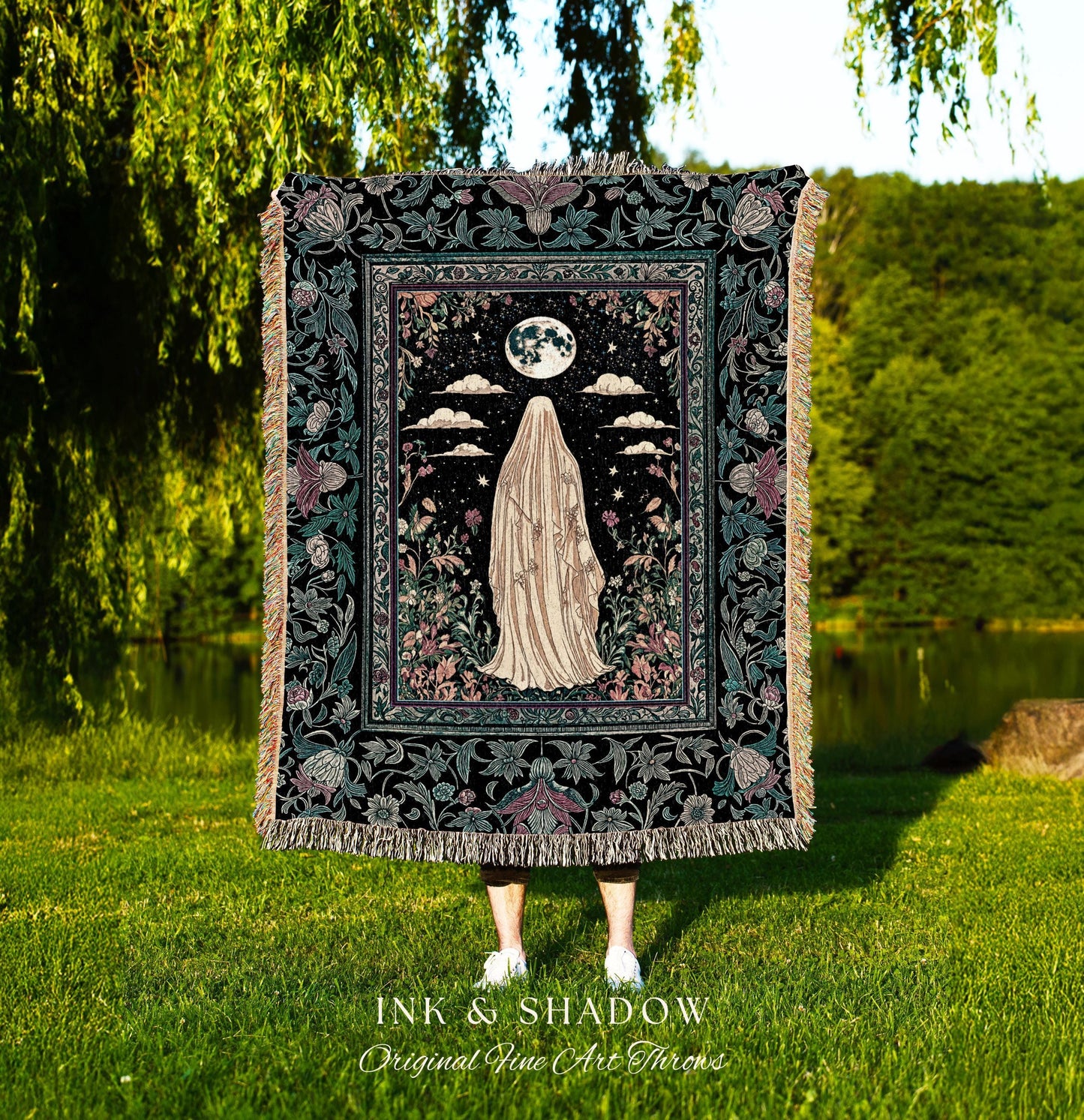 Moonlit Garden Ghost Woven Throw | Celestial Halloween Floral Tapestry Blanket Whimsigoth Cottagecore Spirit Botanical Season of the Witch |