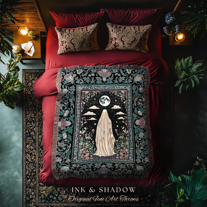Moonlit Garden Ghost Woven Throw | Celestial Halloween Floral Tapestry Blanket Whimsigoth Cottagecore Spirit Botanical Season of the Witch |